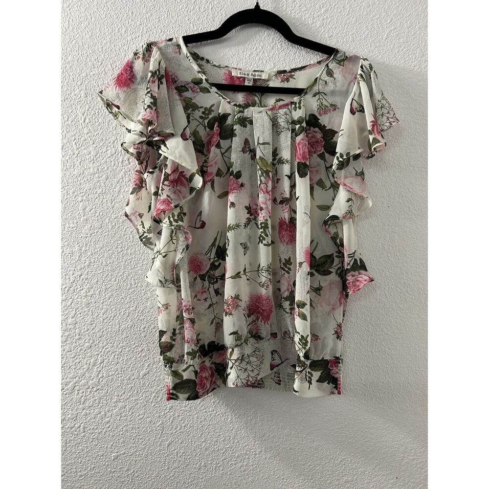 Black Rainn Medium‎ White Sheer Pink Floral Tunic Blouse Sleeveless Butterfly